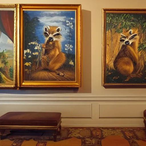 Image similar to a wall in a royal castle. there are two paintings on the wall. the one on the left a detailed oil painting of the royal raccoon king. the one on the right a detailed oil painting of the royal raccoon queen.