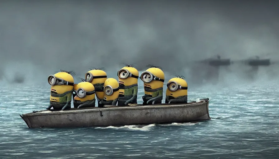 Image similar to “minions jumping out of boat into water on D-Day, 4k, cinematic, award winning”