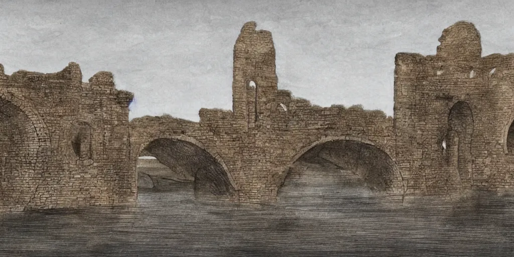 Image similar to Illustration, ancient city built along the top of a narrow tall arched bridge, over water, really long, stretches to the horizon