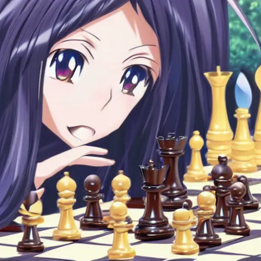 Image similar to anime art of long black hair anime girl pondering next to a chess set, official art