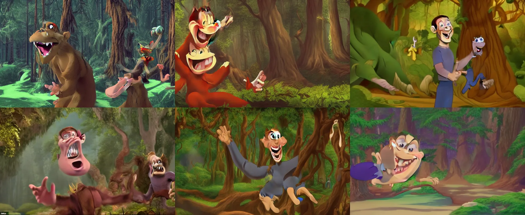 Prompt: Movie frame of the evil creature Mark Zuckerberg laughing from the coloured Disney animated motion picture released in 1937, beautiful enchanted forest, directed by Walt Disney, highly detailed background paintings by Thomas Kinkade