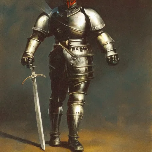 Prompt: a knight in black plate armour, holding a sword pointed to the ground, painted by frank frazetta