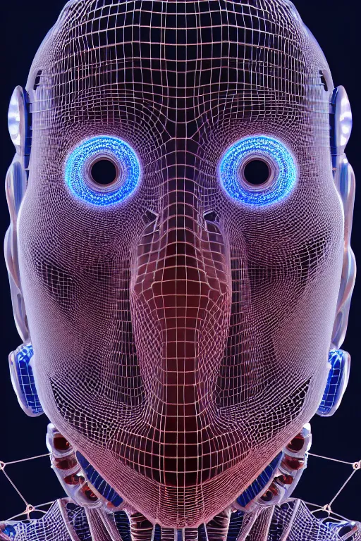 Image similar to complex 3d render ultra detailed of a complex robot face, mechanical cyborg, 3 point lighting, blue rim light, silver gold red details, fine mesh details, hexagonal mesh wire, filigree intricate details, hyperrealistic, mandelbrot fractal, anatomical, robotic parts, facial muscles, cable electric wires, microchip, elegant, octane render, 8k post-processing