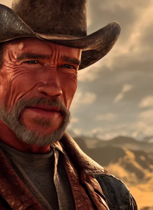 Image similar to an film still of arnold schwarzenegger as cowboy with beard, western background, unreal engine. amazing likeness. very detailed.
