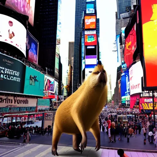 Prompt: a giant capybara taking over Times Square