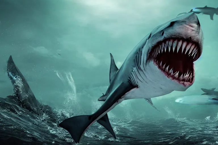 Prompt: a giant disgusting shark made of muscles and flesh, very angry, teeth, ambient light, terror, glows, realistic, photo-realism, hyper realism, picture, detailed, 3D render, scary, distant shot, in the distance,