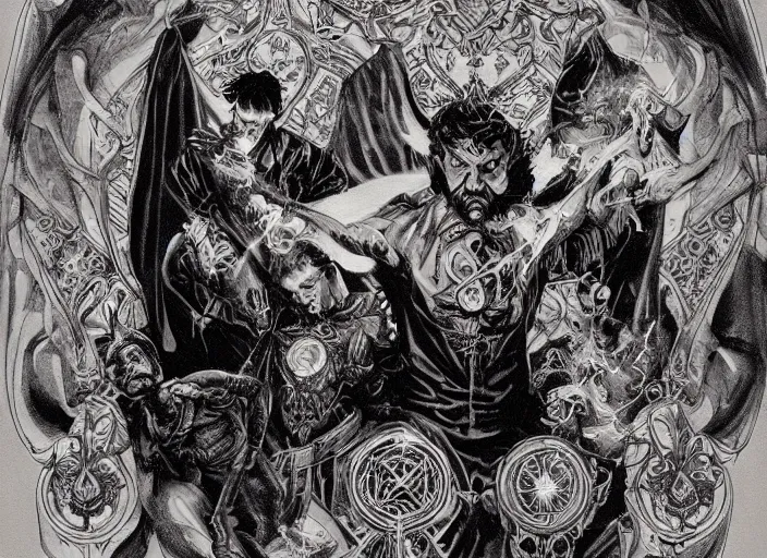 Prompt: a highly detailed satanic portrait of stephen strange, james gurney, james jean