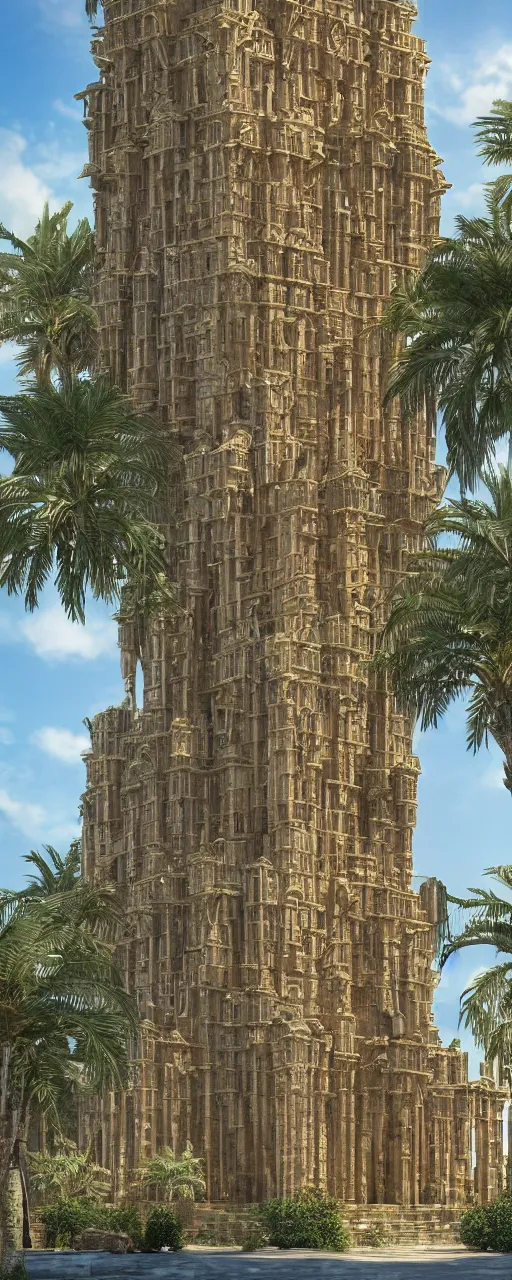 Image similar to photorealistic photo a contemporary babylon tower, golden intricate details, stone facade, sacred ancient architecture, cascading highrise, arid mountains with lush palm forest, sunlight, post - production, octane, cgi, sfx