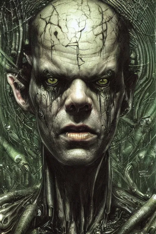 Prompt: green portrait of agent smith from the matrix by hr giger, greg rutkowski, luis royo and wayne barlowe as a diablo, resident evil, dark souls, bloodborne monster