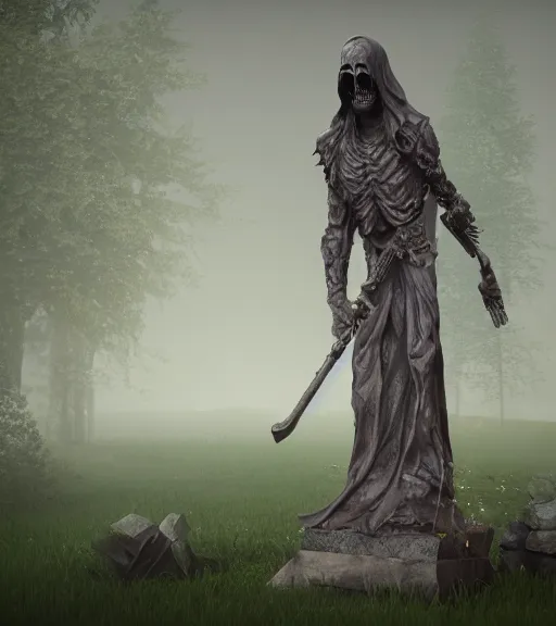 Image similar to weeping grim reaper statue in graveyard surrounded by beautiful forest, grainy film photo, cgsociety, octane render, trending on artstation, artstationHD, artstationHQ, unreal engine, 4k, 8k