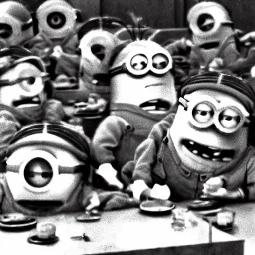 Prompt: a minion dabbing during the nuremberg trials ( 1 9 4 5 ), historical photo, highly detailed, 4 k, minions - 9 0 0