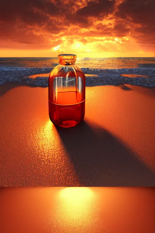 Prompt: photograph of a glass jar a pirate ship on stormy waves inside. buried in sand on a beach. quiet sunset in the background. soft golden red lighting. hyperrealistic, cgsociety, 8 k, beautiful digital painting