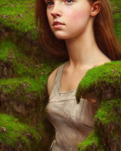 Prompt: a well - lit, realistic close - up portrait painting of a thoughtful girl resembling a young, shy, redheaded irish alicia vikander or millie bobby brown in moss - covered ancient stone ruins at sunset, highly detailed, intricate, concept art, artstation, by donato giancola, ron cobb, and artgerm