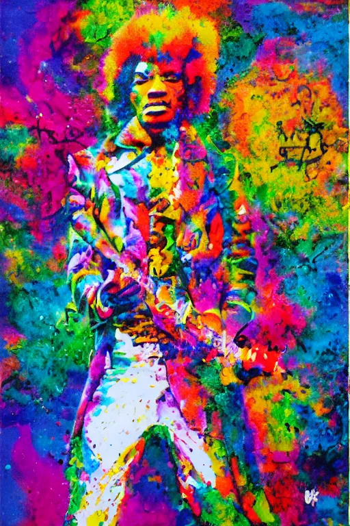 Image similar to Jimi Hendrix acrylic paint pour, watercolor, marbling, graffiti, very detailed, large white border, 144x144 canvas, hd, high resolution print :1 CMYK :1