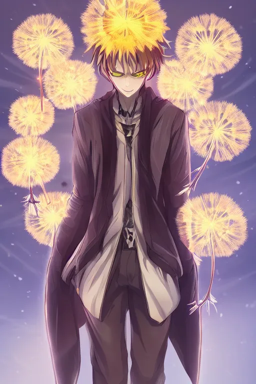 Prompt: amber glowing luminescent dandelion male anime character, symmetrical, highly detailed, digital art, sharp focus, trending on art station, amber eyes, autumnal colours