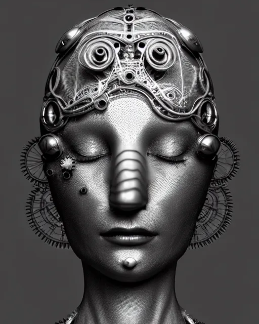 Image similar to mythical black and white organic bio-mechanical spinal ribbed profile face portrait detail of silver mechanical beautiful female angelic-vegetal-cyborg, highly detailed, intricate steampunk ornate, poetic, 3D render, digital art, octane render, 8K artistic photography, photo-realistic, by Dora Maar