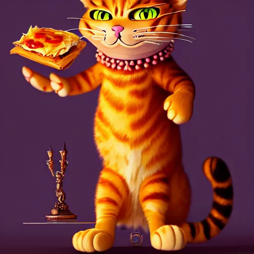 Prompt: fullbody!! personification of garfield the cat as a goddess holding lasagna, stunning, cat face, hyperrealistic, trending on artstation, smooth and sharp, intricate, fine details, highly detailed, elegant, dynamic pose, radiant light, detailed and intricate environment, professional character concept art by tatyana kupriyanova and greg rutkowski and raymond swanland