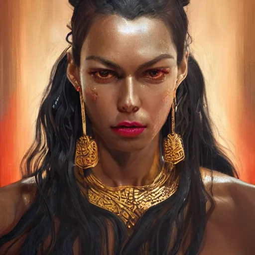 Image similar to detailed oil portrait of tall hyper - muscular shining bronze - skinned warrior woman with silver eyes, with long wavy flowing black hair and big gold earrings, jewelry, red lipstick, makeup, feminine, volumetric lighting, dynamic composition, art by sachin teng and sergey kolesov and ruan jia and heng z, scifi, concept art