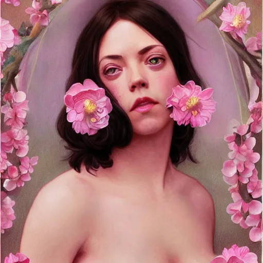 Prompt: pink petals with a ahape of a wonderful aubrey plaza and christina ricci, intricate, elegant, highly detailed, wonderful eyes, sweet, digital painting, artstation, concept art, smooth, sharp focus, illustration, art by artgerm and greg rutkowski and alphonse mucha and william - adolphe bouguereau