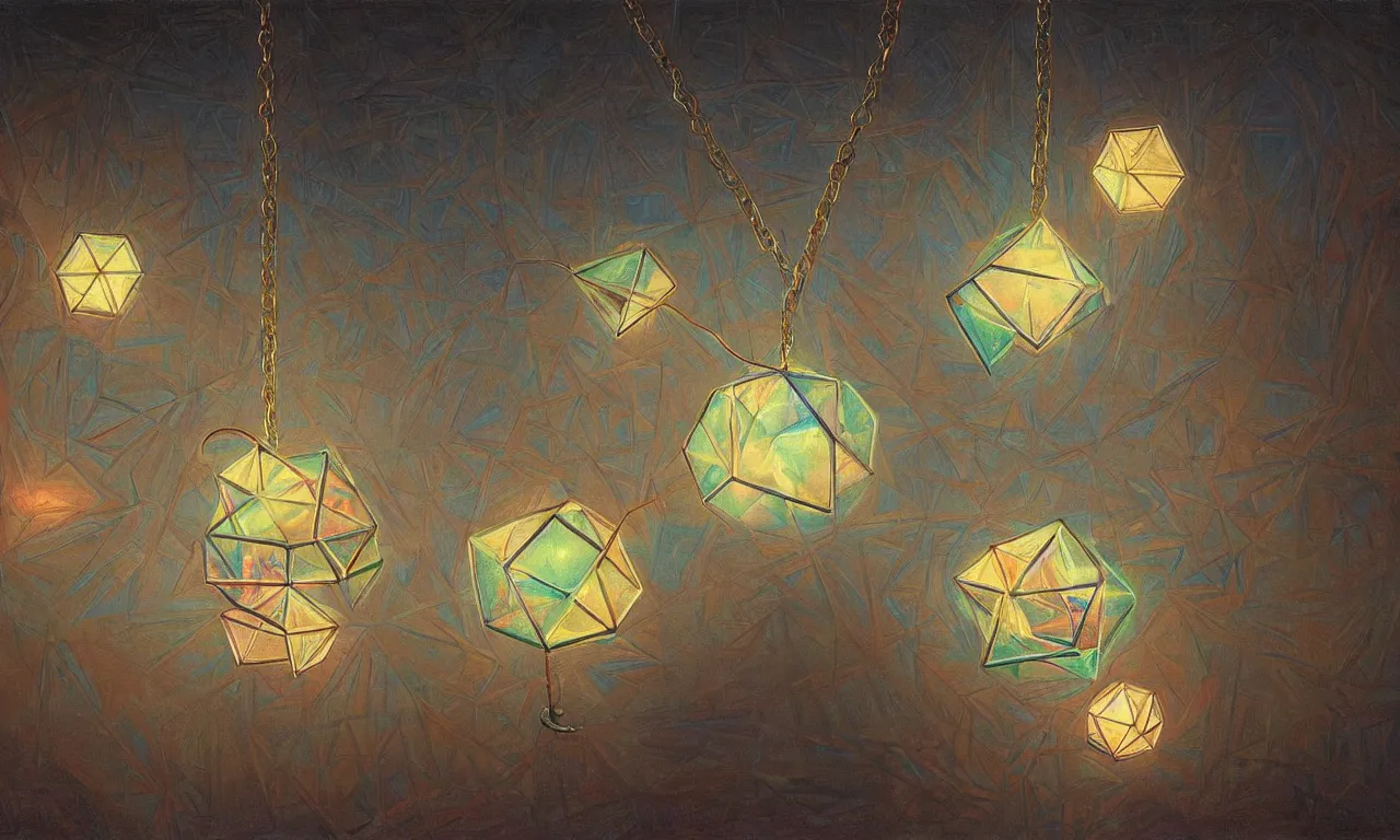 Image similar to a floating dodecahedron necklace of neon light, art by james gurney and greg rutkowski and rene magritte, surrealism by salvador dali, very detailed, high resolution, symmetry, volumetric lighting