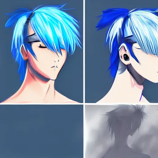 Image similar to concept art of a man with blue hair, anime style