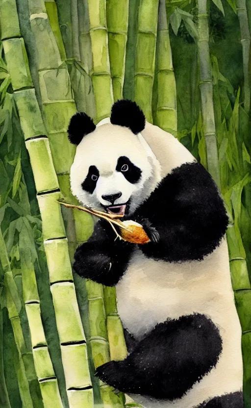 Image similar to a watercolor painting of a panda eating bamboo, dynamic lighting, photorealistic, ambient lighting, atmospherical, stunning visuals, trending on art station