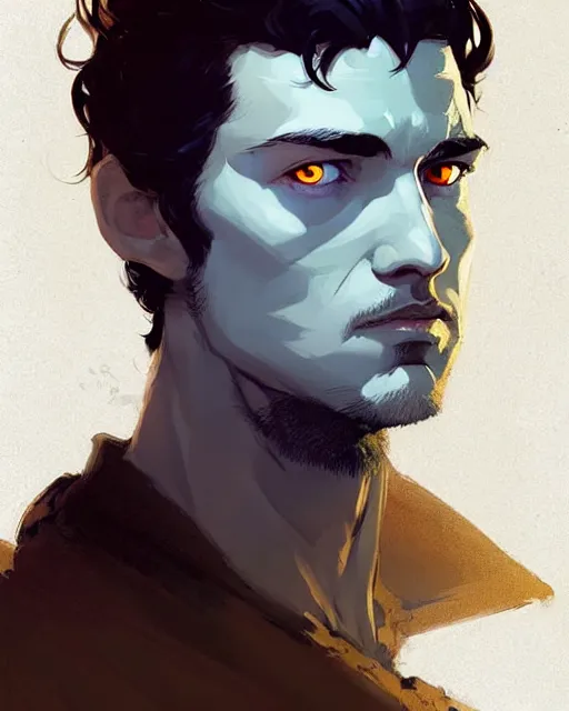 Image similar to portrait of raven male lord from game of thrones with dark hair and golden eyes, by atey ghailan, by greg rutkowski, by greg tocchini, by james gilleard, by joe fenton, by kaethe butcher, dynamic lighting, gradient light blue, brown, blonde cream and white color scheme, grunge aesthetic