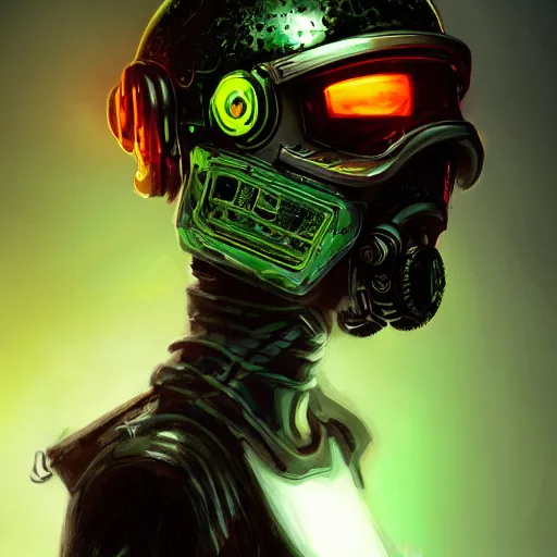 Prompt: helmet cyberpunk made of green lava and fire, profile portrait, cyberpunk fashion, character design humanoid, realistic shaded perfect face, fine details, very dark environment, misty atmosphere, closeup, d & d, fantasy, intricate, elegant, highly detailed, digital painting, artstation, concept art, matte, sharp focus, illustration, hearthstone, art by artgerm and greg rutkowski