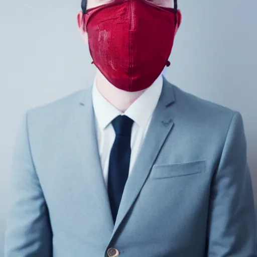 Image similar to blurry picture of a man wearing a bloody suit and a cheap plastic anonymous mask, 4k, film grain