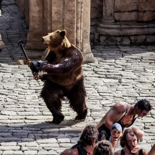 Prompt: bear king fighting against the demon slayer in a Roman coliseum