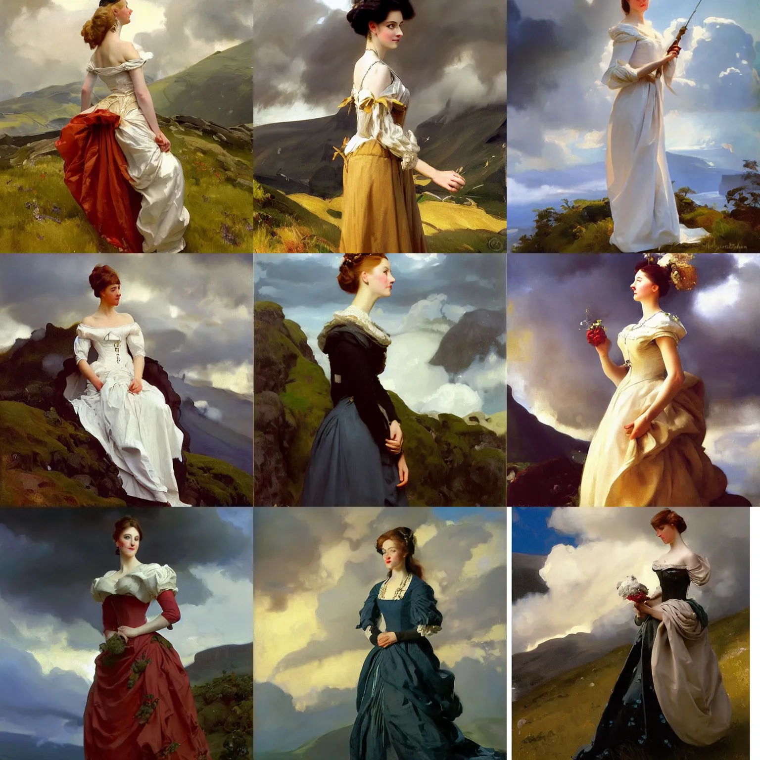 Prompt: attractive scandinavian duchess wearing an 1 7 th century french off - the - shoulder neckline dress, painting by sargent and leyendecker and greg hildebrandt savrasov levitan above the low clouds on madeira faroe azores islands overcast thunder storm