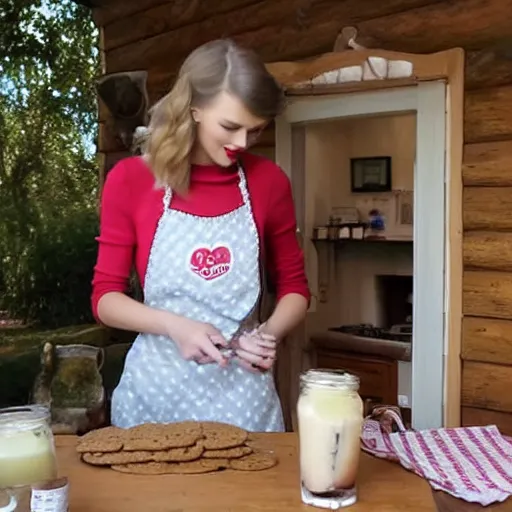 Image similar to Taylor swift making cookies happily in a cute cottage on the forest