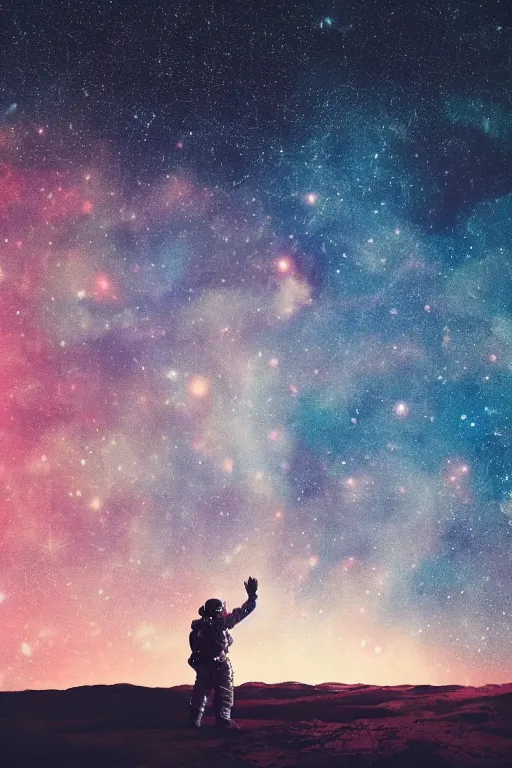 Image similar to a beautiful landscape of a starry sky with an astronaut waving to the horizon., cinematic, dramatic, color grading, photojournalism, colorful, highly detailed