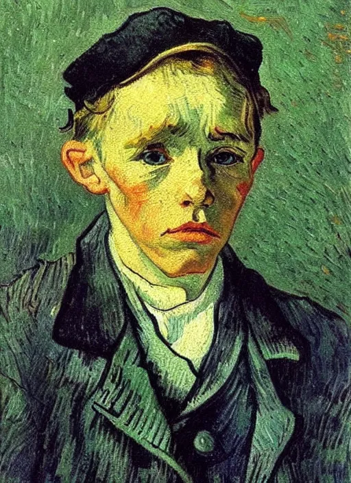 Image similar to lifelike oil painting portrait of oliver twist by van gogh