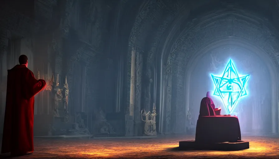 Image similar to an occult priest performs demonic ritual with magic and a glowing sigil in a fantastic temple, volumetric lighting, magical lighting, raytracing, dynamic lights and shadows, photorealistic render, digital art, wallpaper