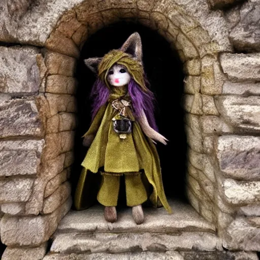 Prompt: a fantasy foxfolk druid doll wearing mage robes, cinematic, cotton fabric, button eyes, seams, cinematic, dust particles, god rays, led lights, dungeons and dragons, fantasy art, real life, photograph, national geographic