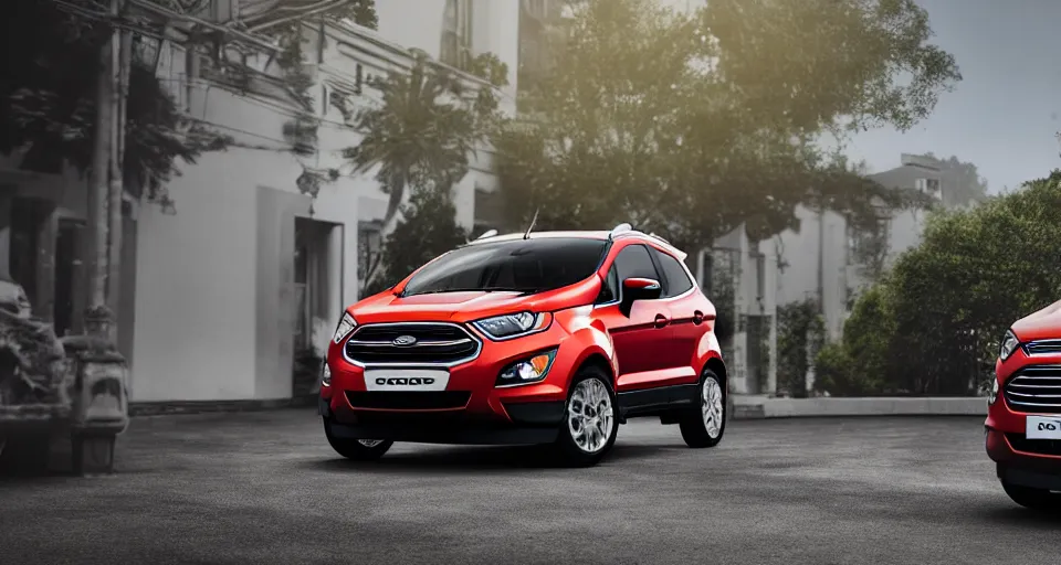 Image similar to ford ecosport in villa front seadigital artultra realisticultra detailed ultra wide Lens, shot on red camera, cinematic, color graded, tranding on artstation