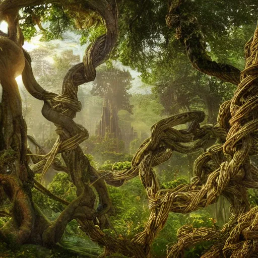 Image similar to a beautiful and highly detailed matte painting of a wooden elven temple in a magical fantasy garden in a lush forest, celtic knots, ancient runes, knotted trees, tangled vines, intricate details, epic scale, insanely complex, 8 k, sharp focus, hyperrealism, very realistic, by caspar friedrich, albert bierstadt, james gurney, brian froud,