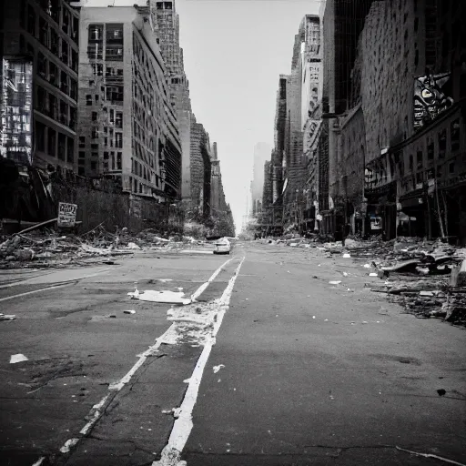 Image similar to photo of abandoned destroyed new york city street at night after the war between humans and ais, film grain, soft vignette, canon eos digital rebel xti, 1 0 0 - 3 0 0 mm canon f / 5. 6, exposure time : 1 / 1 6 0, iso 4 0 0