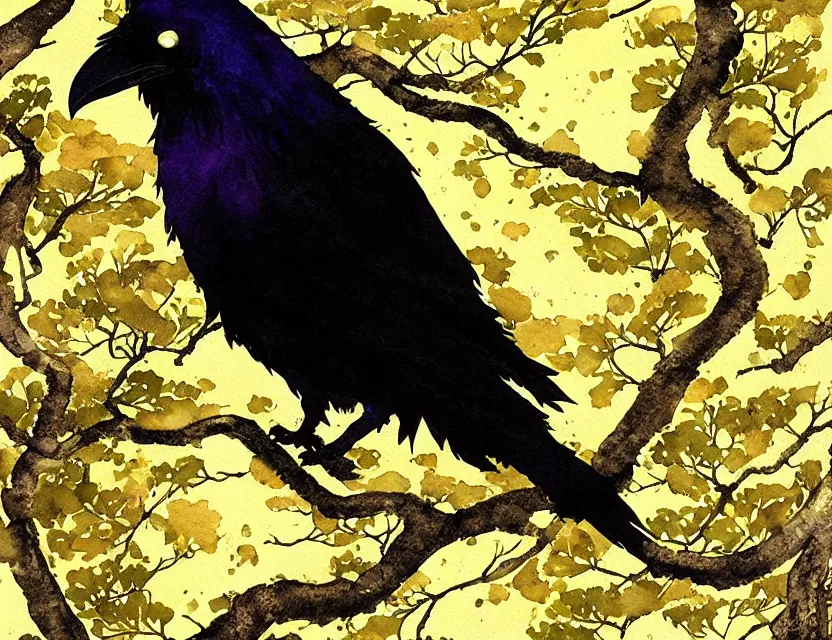 Prompt: faerie raven in a gingko tree. this watercolor and gold leaf work by the award - winning mangaka has a beautiful composition and intricate details.