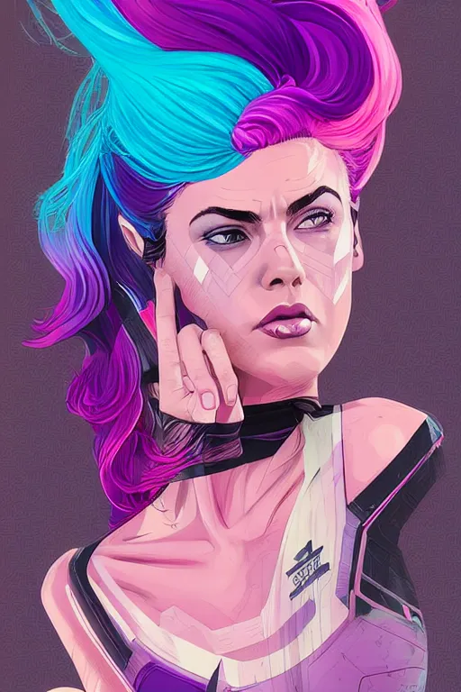 Image similar to a award winning half body porttrait of a beautiful woman in a croptop with ombre purple pink teal hairstyle with head in motion and hair flying by marvel comics and sandra chevrier, outrun, vaporware, illustration, digital art, trending on artstation, highly detailed, fine detail, intricate