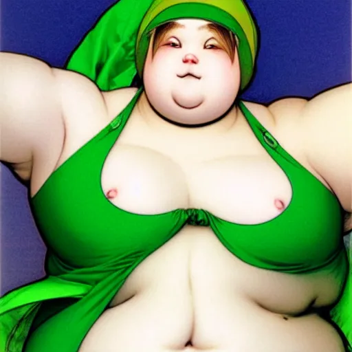 Image similar to masculine slightly overweight chonky pigeon in a green onepiece body suit, by Range Murata and Mucha