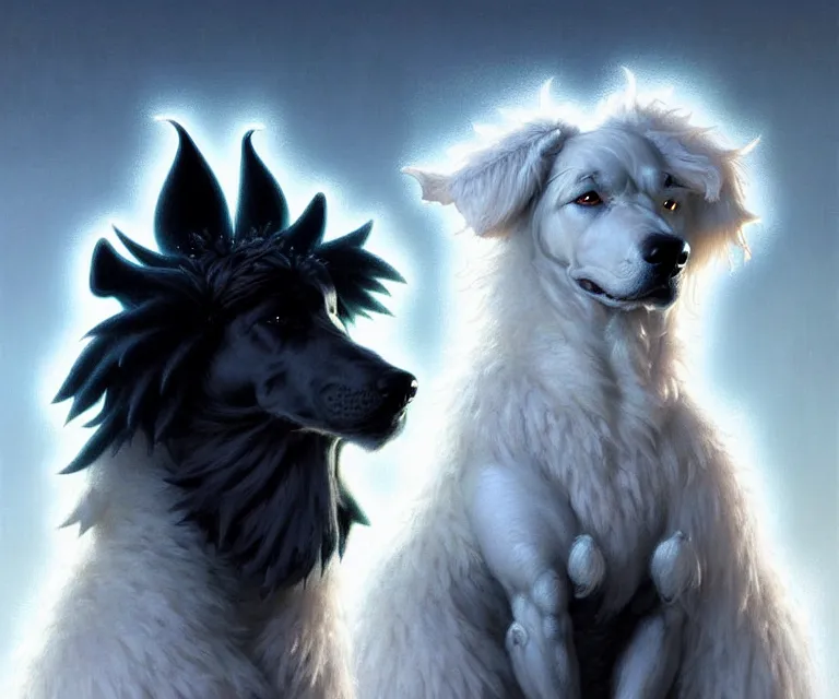 Image similar to beautiful fantasy character portrait of a maremma dog wearing a black hoodie, extra fluffy fur, ultra realistic, dramatic lighting, the fifth element artifacts, highly detailed by peter mohrbacher, hajime sorayama, wayne barlowe, boris vallejo, aaron horkey, gaston bussiere, craig mullins