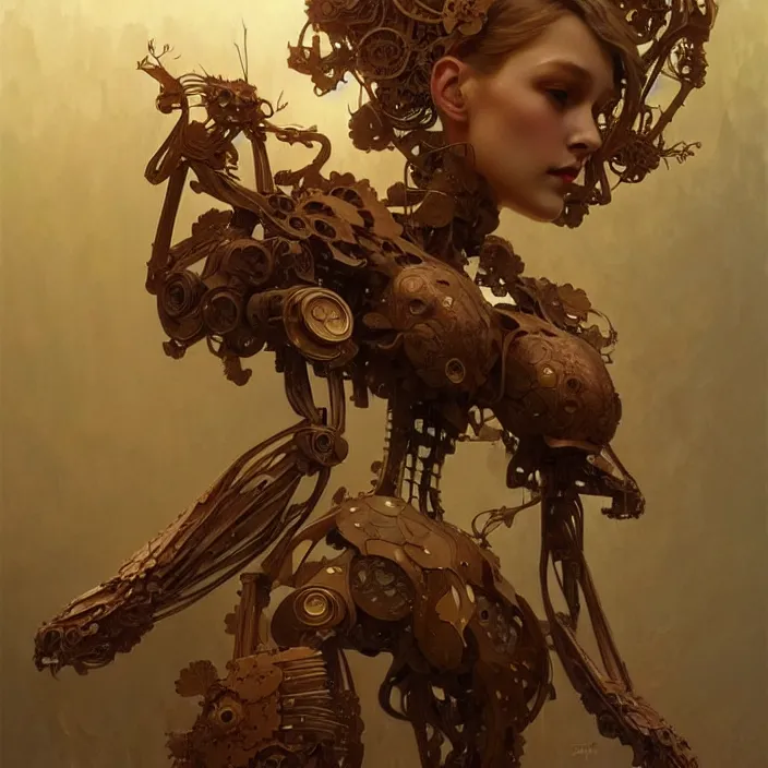 Image similar to organic wooden mech, diffuse lighting, fantasy, intricate, elegant, highly detailed, lifelike, photorealistic, digital painting, artstation, illustration, concept art, smooth, sharp focus, art by john collier and albert aublet and krenz cushart and artem demura and alphonse mucha