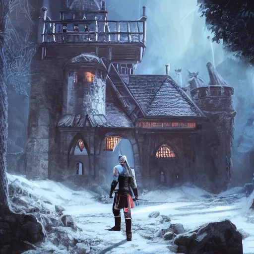 Image similar to witcher in the old castle, game scene graph, fantasy art