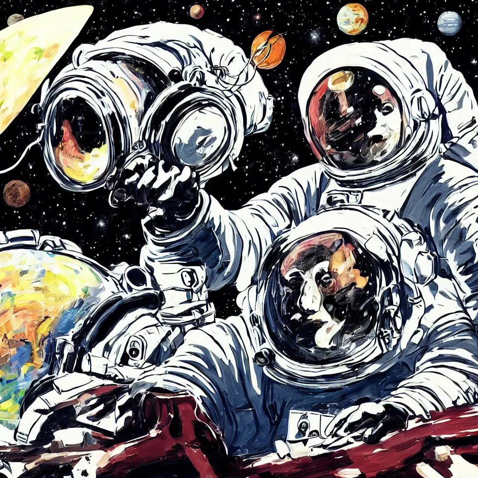 Image similar to an astronaut with headphone playing keyboard in the space, digital painting, digital art, illustrated by neal adams