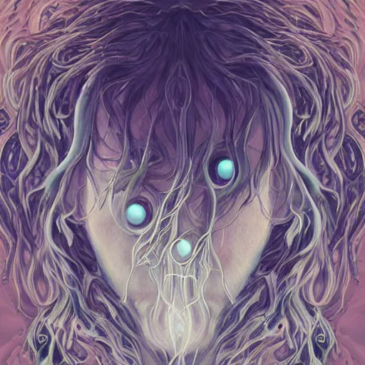 Prompt: floating wavy haired eldritch being, tears, laughter, cosmic imagery, intense emotion, emotional concept art, photography hyperrealism, detailed eyes, glitch! art, fractal