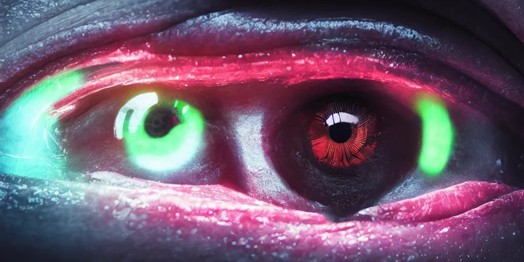 Image similar to an extreme close - up portrait of a neon glowing human eye, photographic filter, unreal engine 5, realistic, hyperdetailed, 8 k, cinematic, volumetric lighting, very realistic effect, hd, hdr, 4 k, sharp focus, octane render, ultra detailed, high resolution, trending on artstation in the style of albert dros glowing rich colors powerful imagery