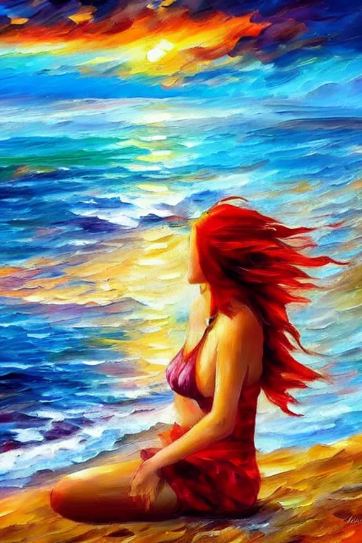 Prompt: a red haired young girl beach surreal, sunrise, dramatic light, impressionist painting, colorful clouds, digital painting, artstation, leonid afremov