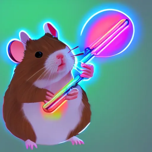 Image similar to cyberpunk hamster! holding rainbow! gem! crystal, neon lights, light reflection, 8 k, hd